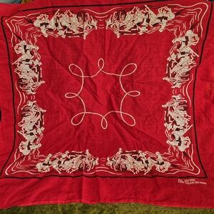 VTG RED WESTERN BANDANA COWBOYS STAGECOACH HORSES ALL COTTON FAST COLOR #13960